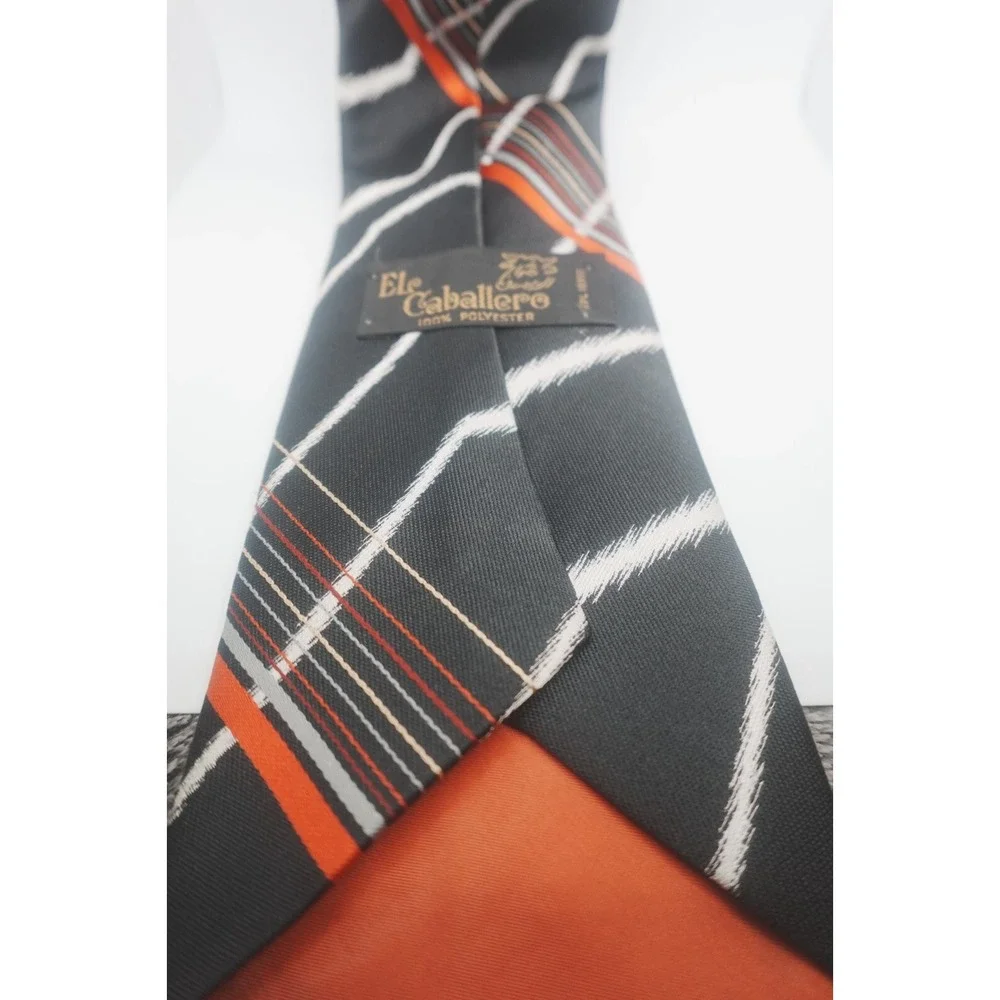 Vintage El Caballero Tie Black White Red Striped Art Deco Polyester‎